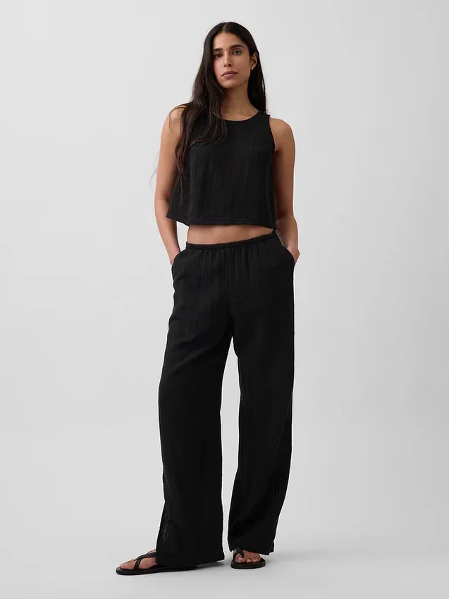 Pantalones de gasa de algodón con bajo con aberturas