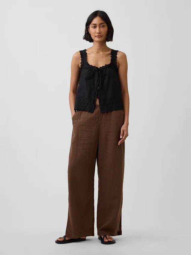 Pantalones de gasa de algodón con bajo con aberturas