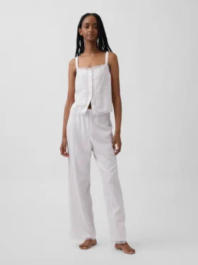 Pantalones de pijama de mezcla de lino con bajo de encaje