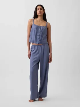 Pantalones de pijama de mezcla de lino con bajo de encaje
