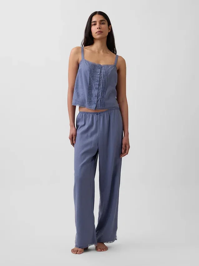 Pantalones de pijama de mezcla de lino con bajo de encaje