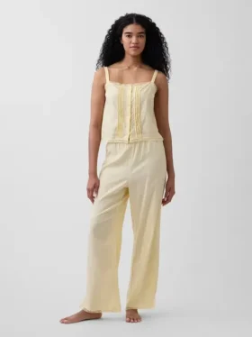 Pantalones de pijama de mezcla de lino con bajo de encaje