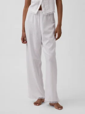 Pantalones de pijama de mezcla de lino con bajo de encaje