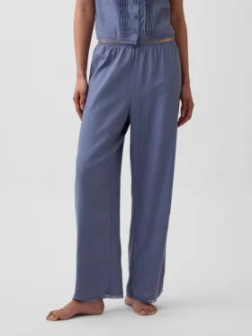 Pantalones de pijama de mezcla de lino con bajo de encaje
