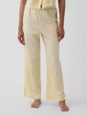 Pantalones de pijama de mezcla de lino con bajo de encaje