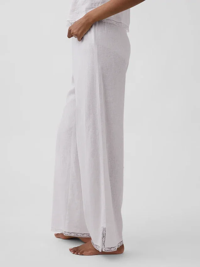Pantalones de pijama de mezcla de lino con bajo de encaje