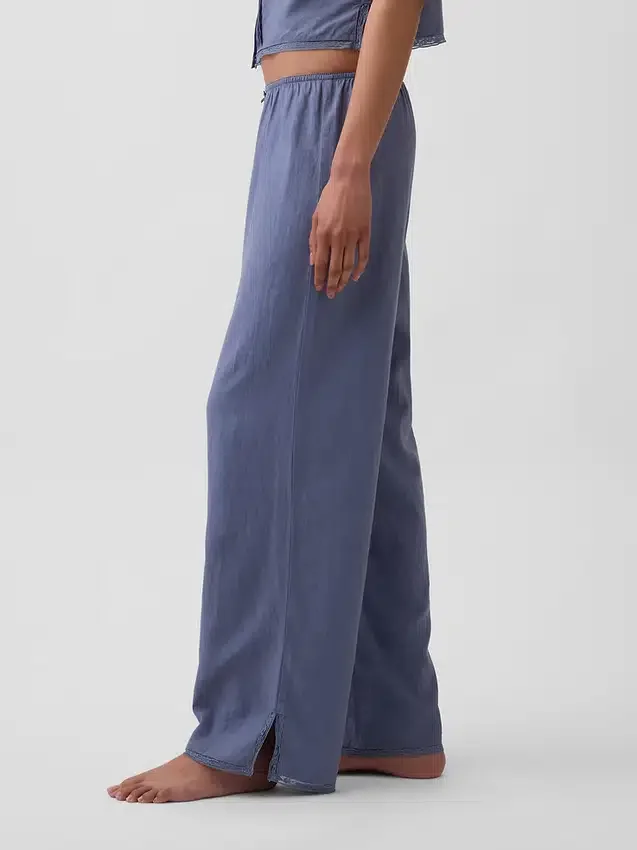 Pantalones de pijama de mezcla de lino con bajo de encaje