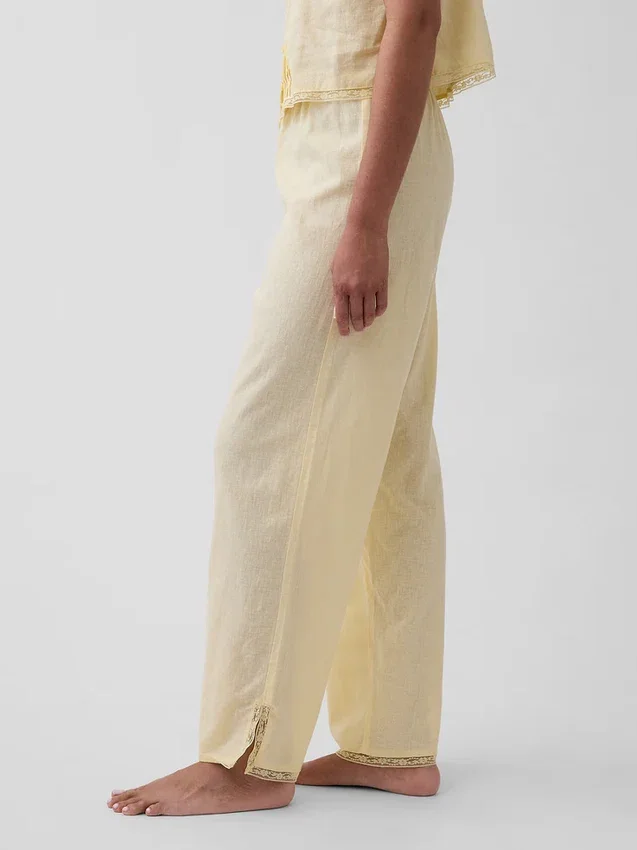 Pantalones de pijama de mezcla de lino con bajo de encaje