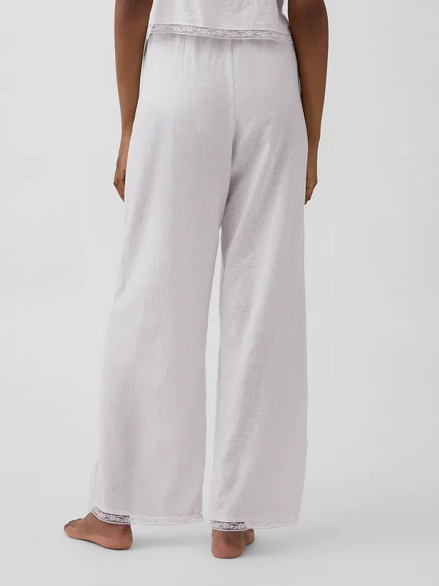 Pantalones de pijama de mezcla de lino con bajo de encaje