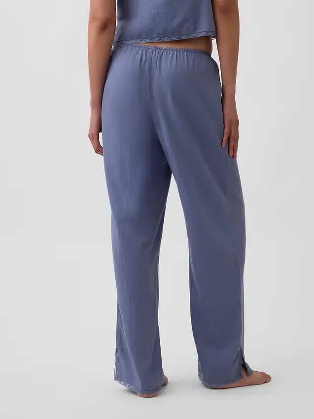 Pantalones de pijama de mezcla de lino con bajo de encaje