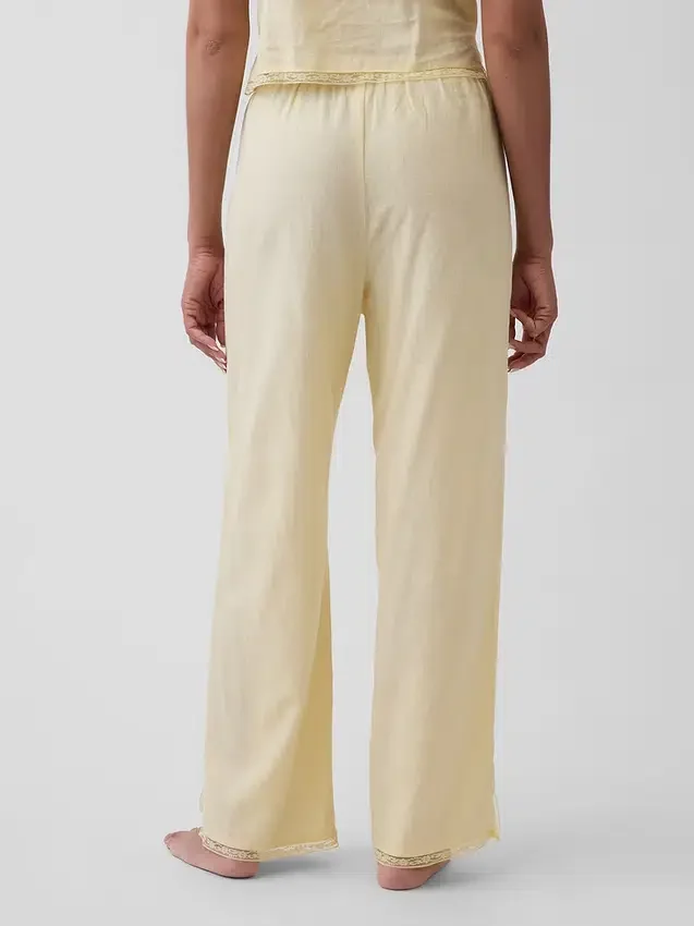 Pantalones de pijama de mezcla de lino con bajo de encaje
