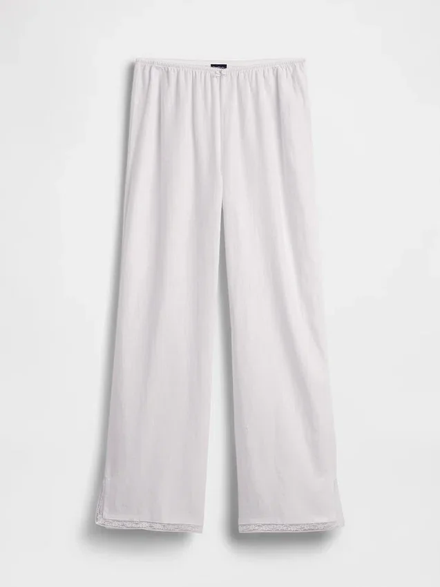 Pantalones de pijama de mezcla de lino con bajo de encaje