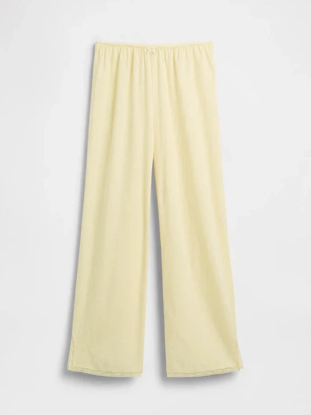 Pantalones de pijama de mezcla de lino con bajo de encaje