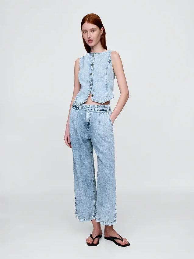 Pantalones de tobillo plisados de denim ultrasuave de talle alto 365