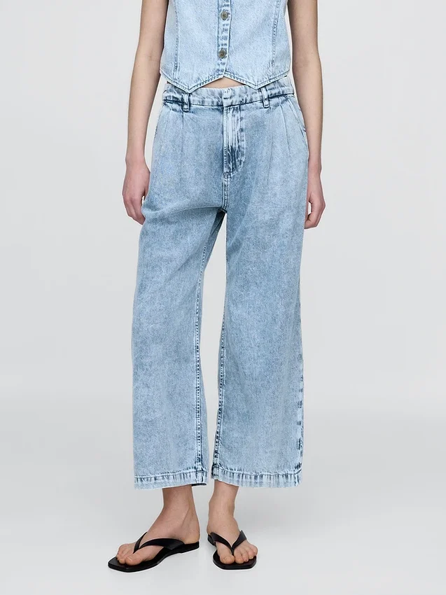 Pantalones de tobillo plisados de denim ultrasuave de talle alto 365