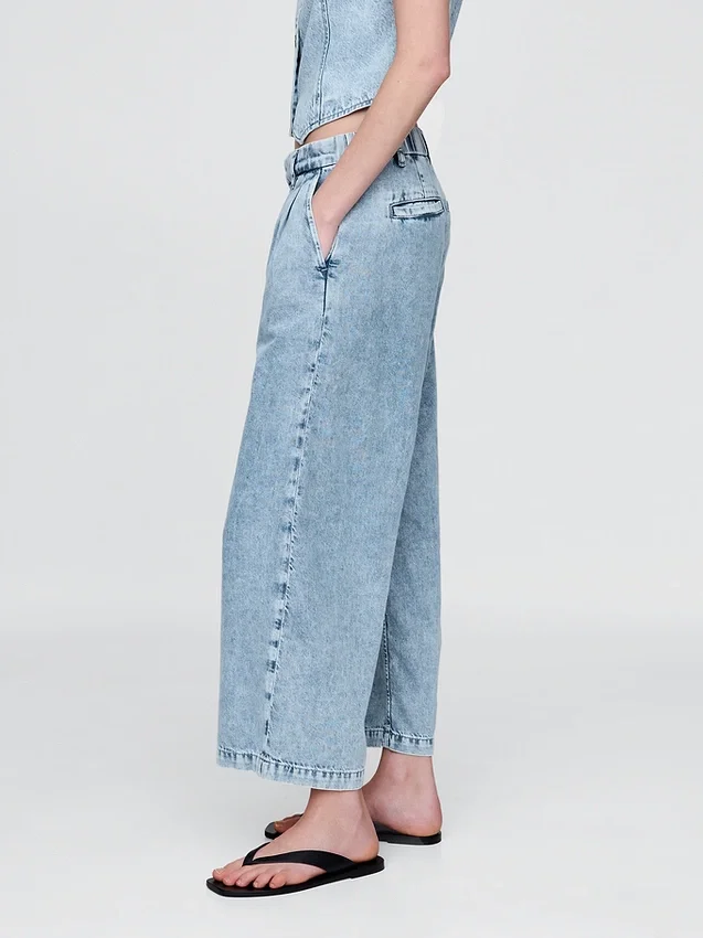 Pantalones de tobillo plisados de denim ultrasuave de talle alto 365