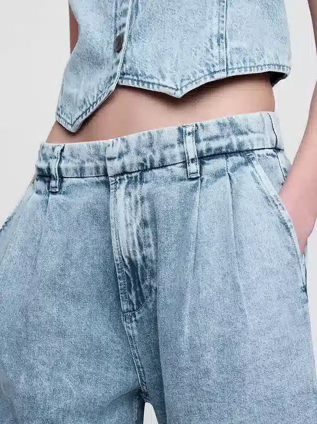 Pantalones de tobillo plisados de denim ultrasuave de talle alto 365