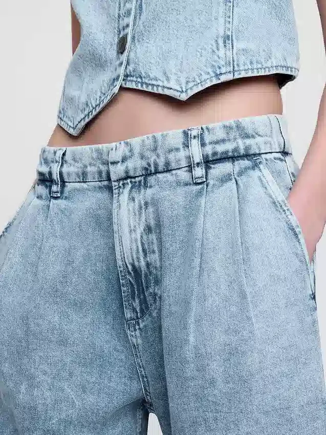 Pantalones de tobillo plisados de denim ultrasuave de talle alto 365