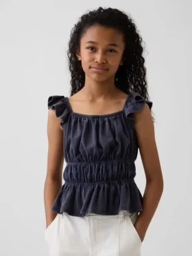 Partes de arriba infantiles con peplum, mangas con volantes y fruncido
