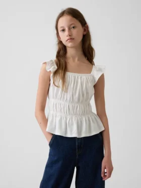 Partes de arriba infantiles con peplum, mangas con volantes y fruncido