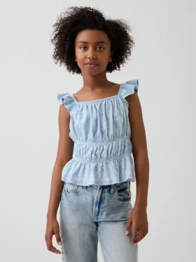 Partes de arriba infantiles con peplum, mangas con volantes y fruncido