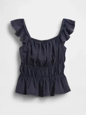 Partes de arriba infantiles con peplum, mangas con volantes y fruncido