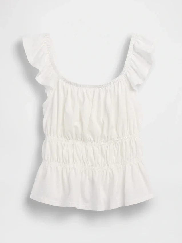 Partes de arriba infantiles con peplum, mangas con volantes y fruncido