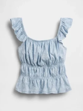 Partes de arriba infantiles con peplum, mangas con volantes y fruncido