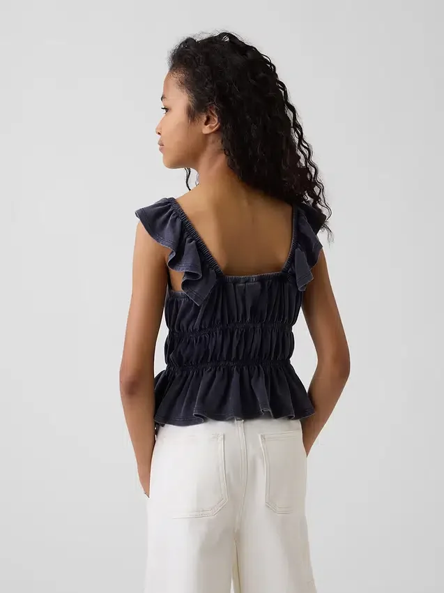 Partes de arriba infantiles con peplum, mangas con volantes y fruncido