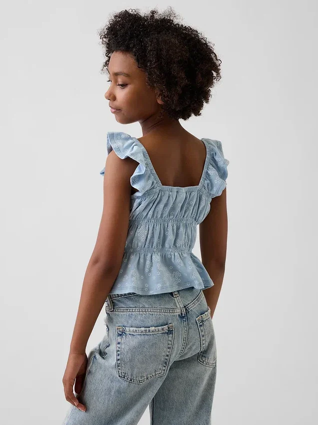 Partes de arriba infantiles con peplum, mangas con volantes y fruncido
