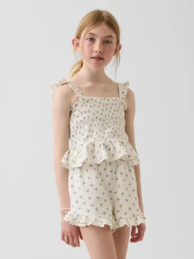 Partes de arriba infantiles de gasa de algodón con peplum fruncido