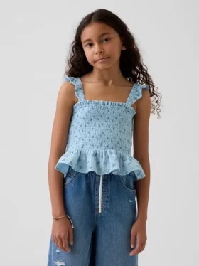 Partes de arriba infantiles de gasa de algodón con peplum fruncido