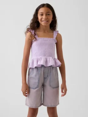Partes de arriba infantiles de gasa de algodón con peplum fruncido