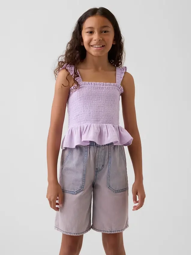 Partes de arriba infantiles de gasa de algodón con peplum fruncido