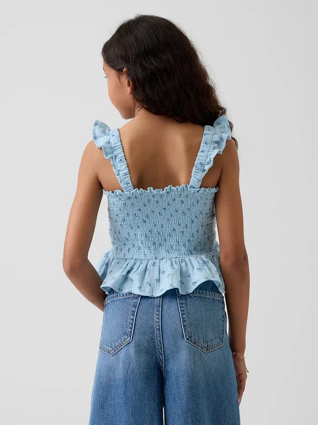 Partes de arriba infantiles de gasa de algodón con peplum fruncido