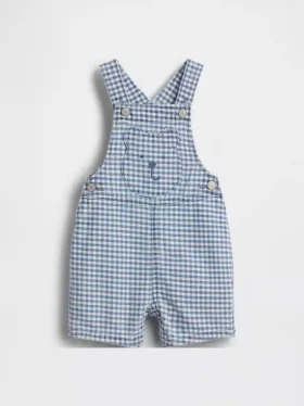 Peto corto de denim a cuadros vichy con bolsillo de osito para bebé