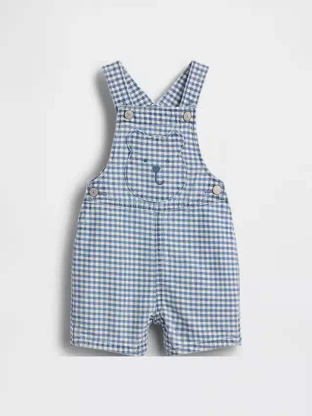 Peto corto de denim a cuadros vichy con bolsillo de osito para bebé