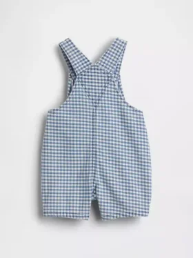 Peto corto de denim a cuadros vichy con bolsillo de osito para bebé