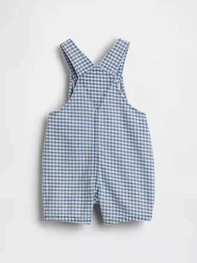 Peto corto de denim a cuadros vichy con bolsillo de osito para bebé