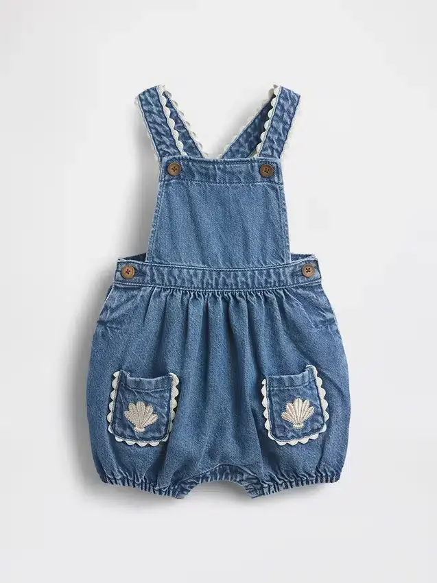 Peto tipo burbuja de denim para bebé con bolsillos de parche