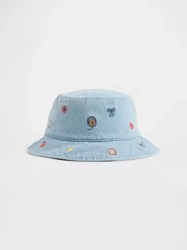 Sombrero de pescador de denim bordado para bebés y niños