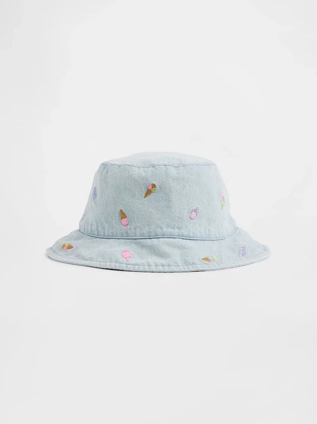 Sombrero de pescador de denim bordado para bebés y niños