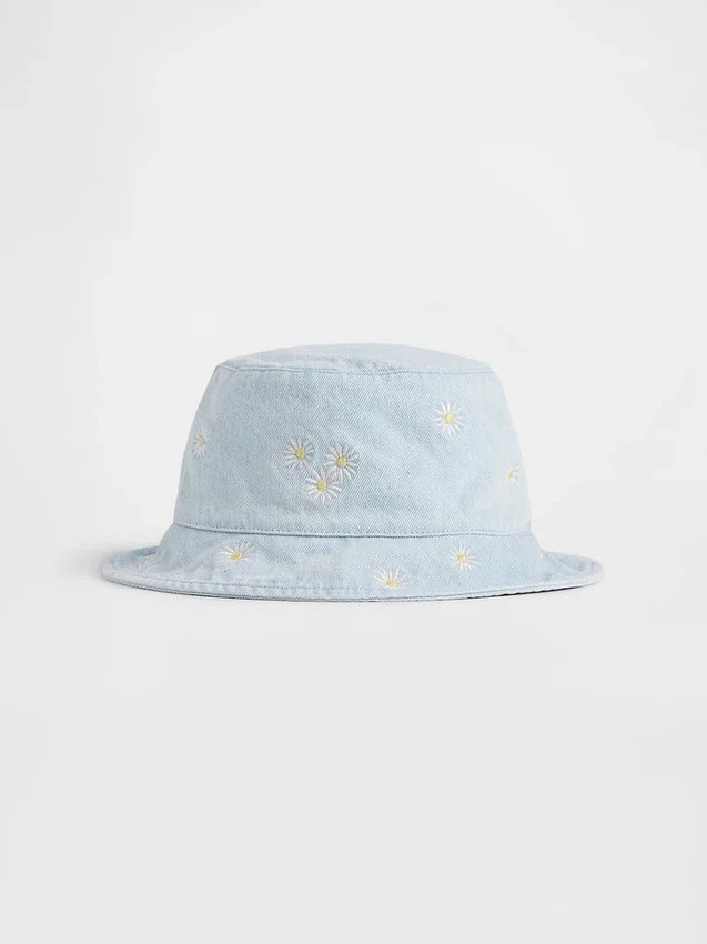 Sombrero de pescador de denim con margaritas para bebés y niños