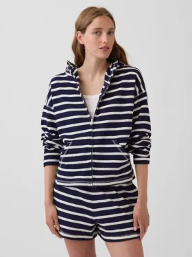 Sudadera con capucha, cremallera y rayas oversize de tejido de rizo