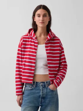 Sudadera con capucha, cremallera y rayas oversize de tejido de rizo