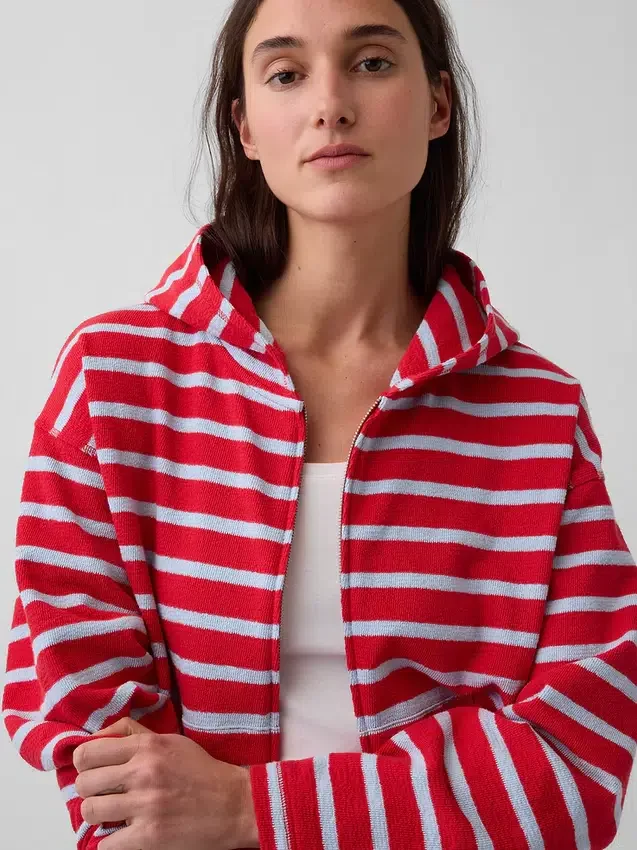 Sudadera con capucha, cremallera y rayas oversize de tejido de rizo