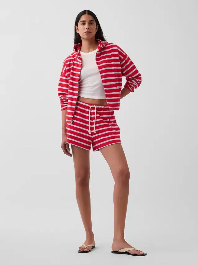 Sudadera con capucha, cremallera y rayas oversize de tejido de rizo