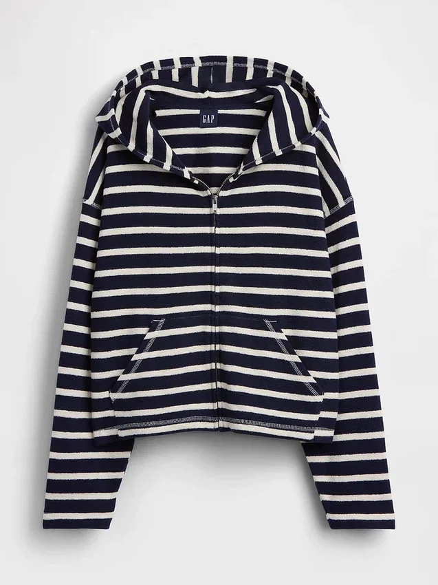 Sudadera con capucha, cremallera y rayas oversize de tejido de rizo