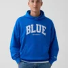 Sudadera con capucha de felpa francesa gruesa azul con logotipo