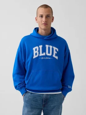 Sudadera con capucha de felpa francesa gruesa azul con logotipo
